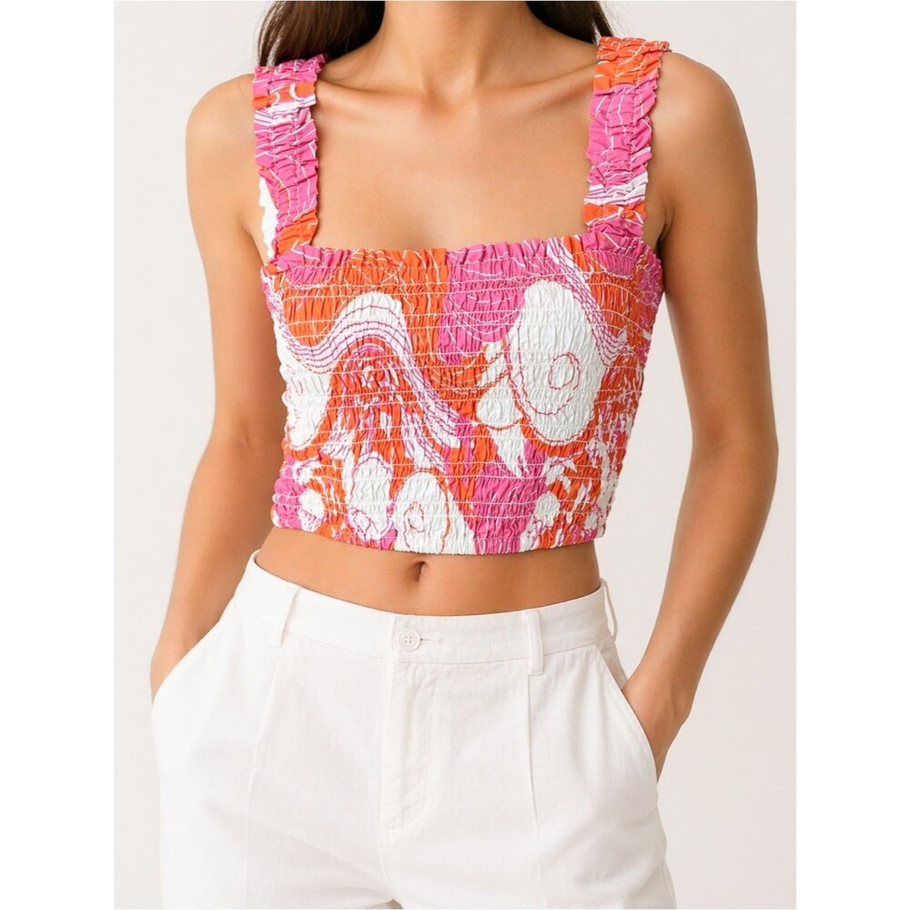 Rhode Tanya Smocked Cotton Crop Top Surf Print Tropical Tank Pink Orange M NEW